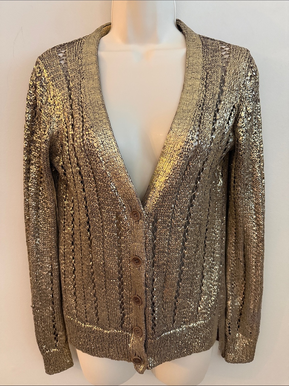 BCBGMaxAzria Metallic Gold Knit Button-Up Cardigan size medium